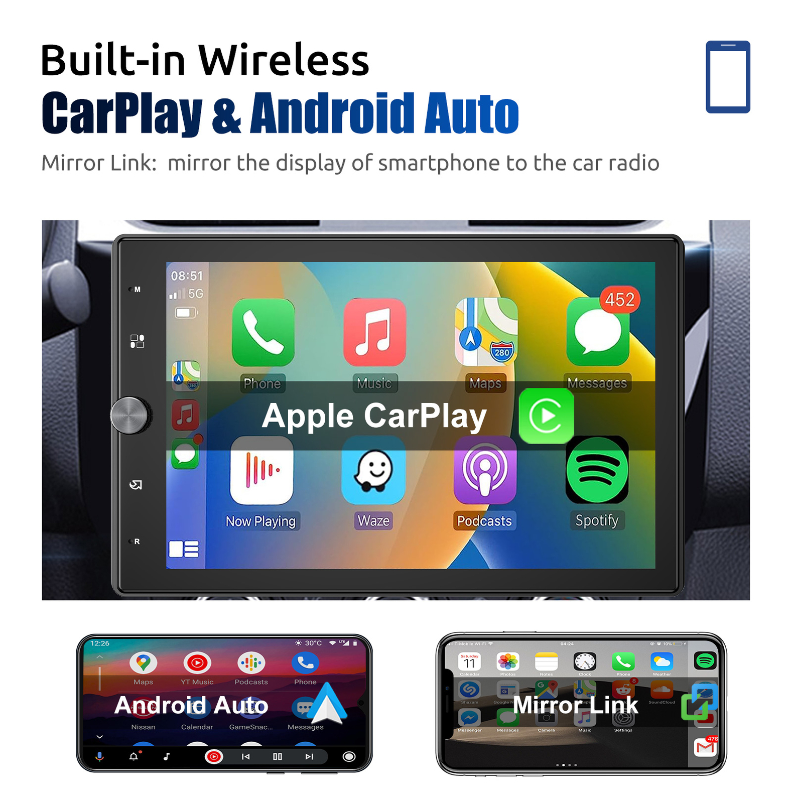 10.4" Single Din Touch Screen Stereo Bluetooth Radio Apple/Android Carplay+CAM