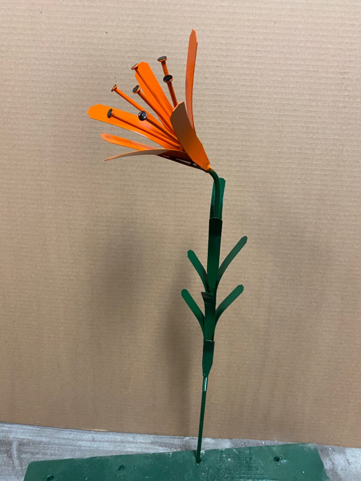 Recycled Metal Welded Orange Lilly W/ Nails Flower Stake Yard Art Rock Garden