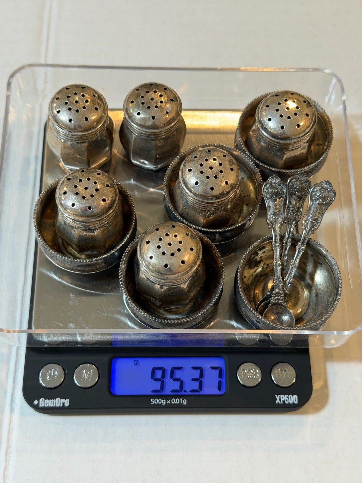 ANTIQUE WHITING MFG. CO STERLING SILVER SET OPEN SALT CELLAR SHAKERS SPOONS BOX