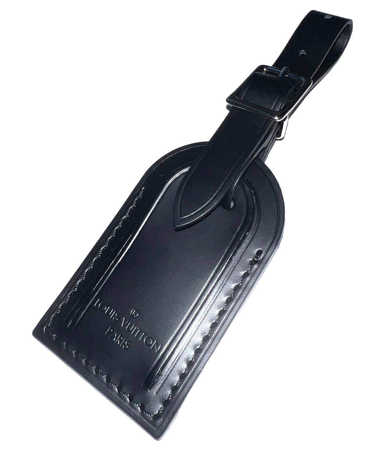 Louis Vuitton PARIS Black Leather ID Name Tag w/ Silver tone Small 🎊