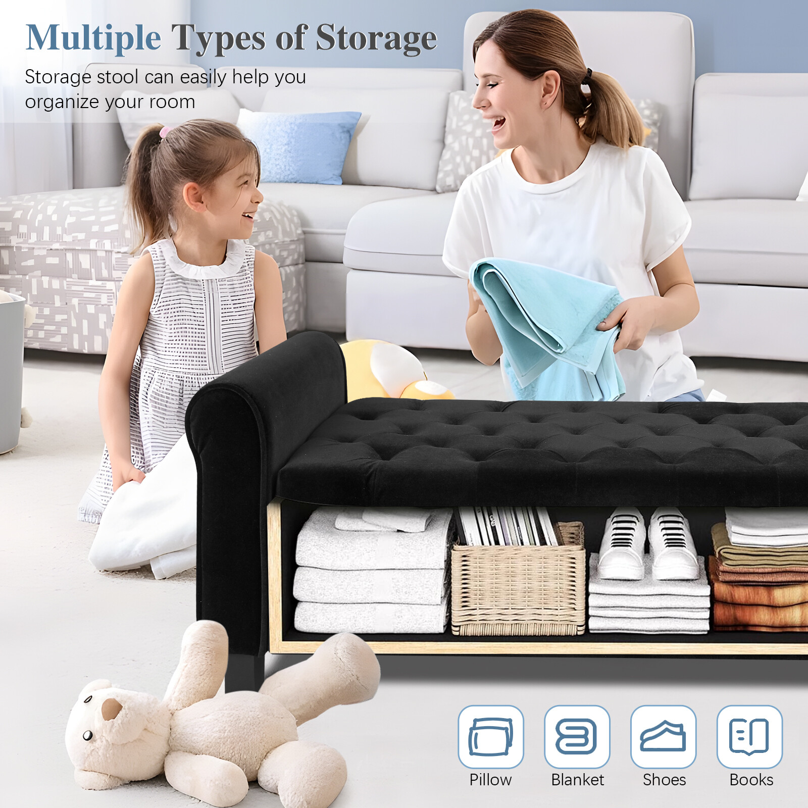 51" Velvet Storage Bench with Ottoman End of Bed Upholstered Couch Black