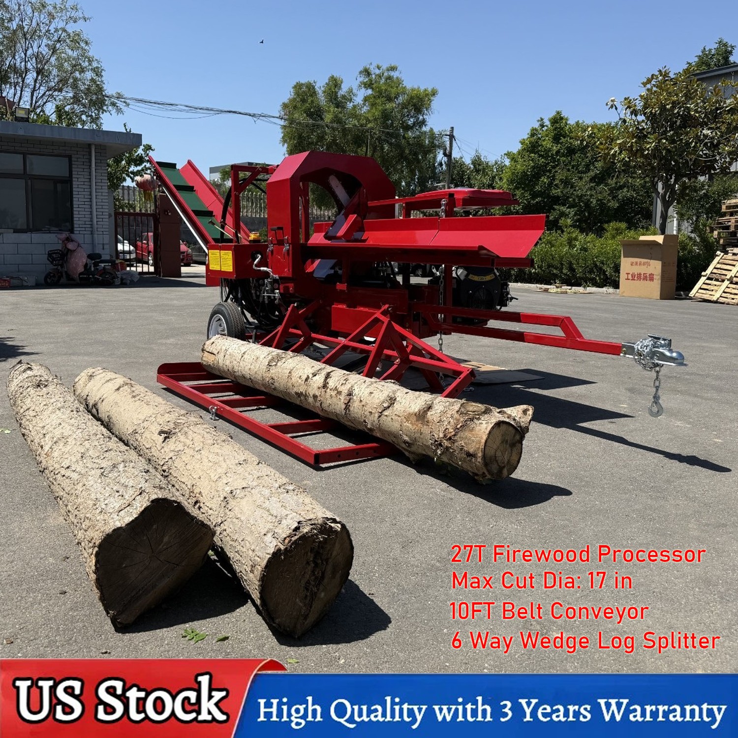 27T Firewood Processor 6-Way Wedge Log Splitter with 10FT Belt Firewood Conveyor