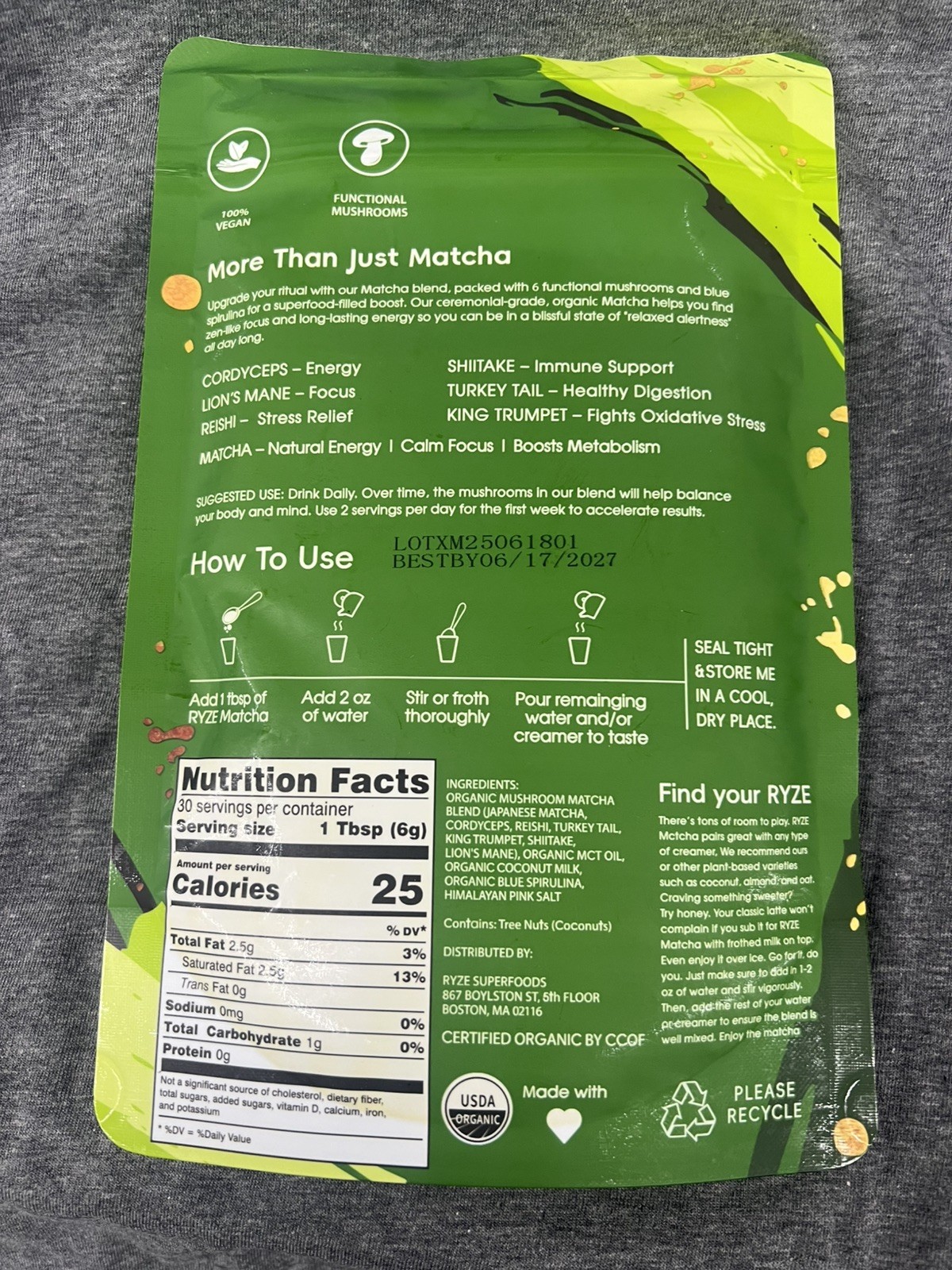 Ryze Organic Mushroom Matcha 2 Pack - 30 Servings Sealed Exp 6/17/27