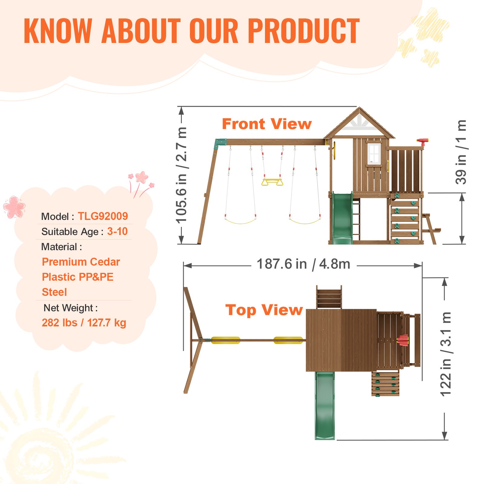 Wooden Swing Set 9 IN 1 Outdoor Playground Sets 6 FT Slide Upper Fort