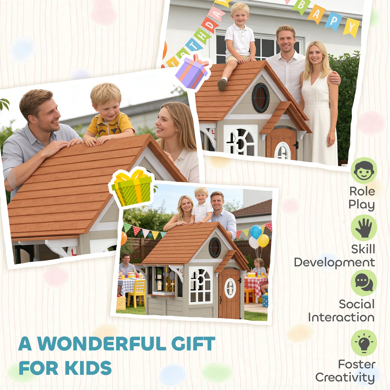 Qaba Outdoor Wooden Playhouse with Dog Door, Cookware, Blackboard, Clock