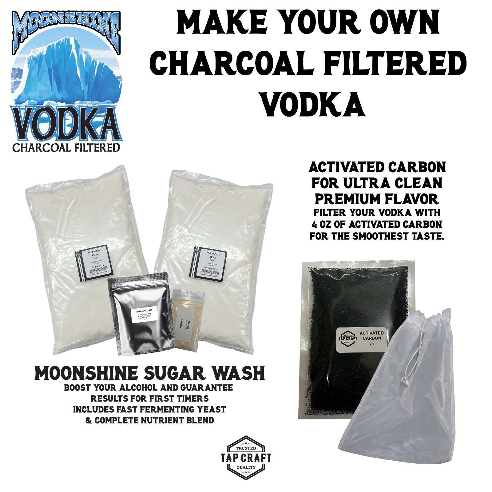 TAPCRAFT Moonshine Vodka Recipe ingredient Kit Home Distilling 5 gal Sugar Wash