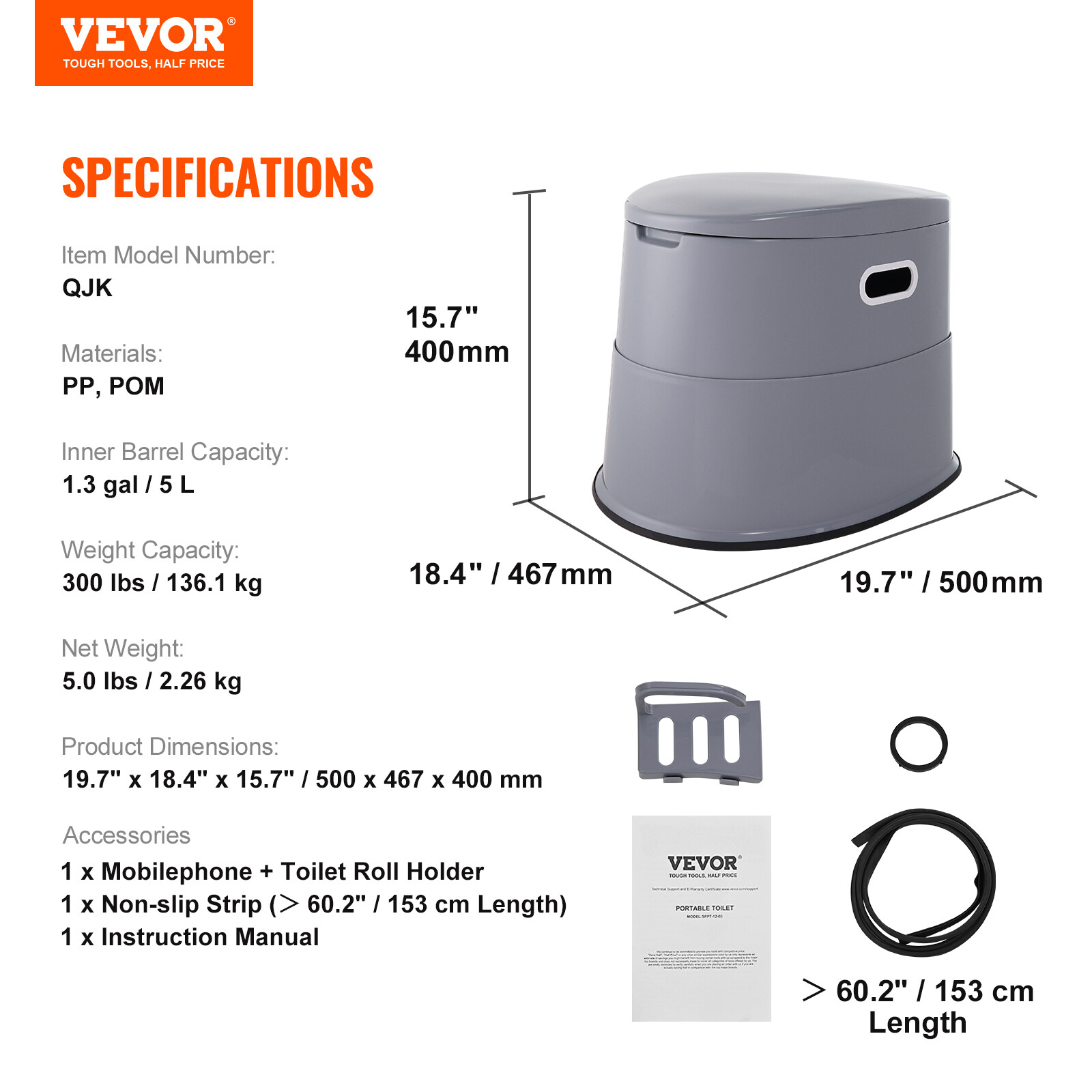 VEVOR Portable Camping Toilet Inner Bucket with Lid Phone Shelf and Paper Holder