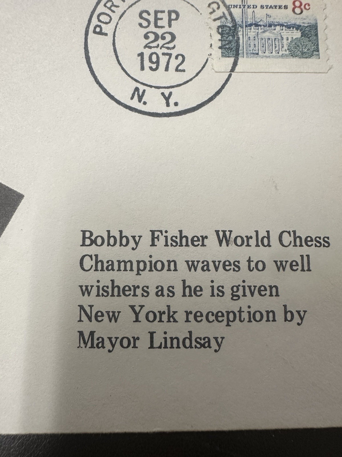 Bobby Fischer and NY Mayor Lindsay Post Envelope Stamped, Water Mark Sep 22 1972