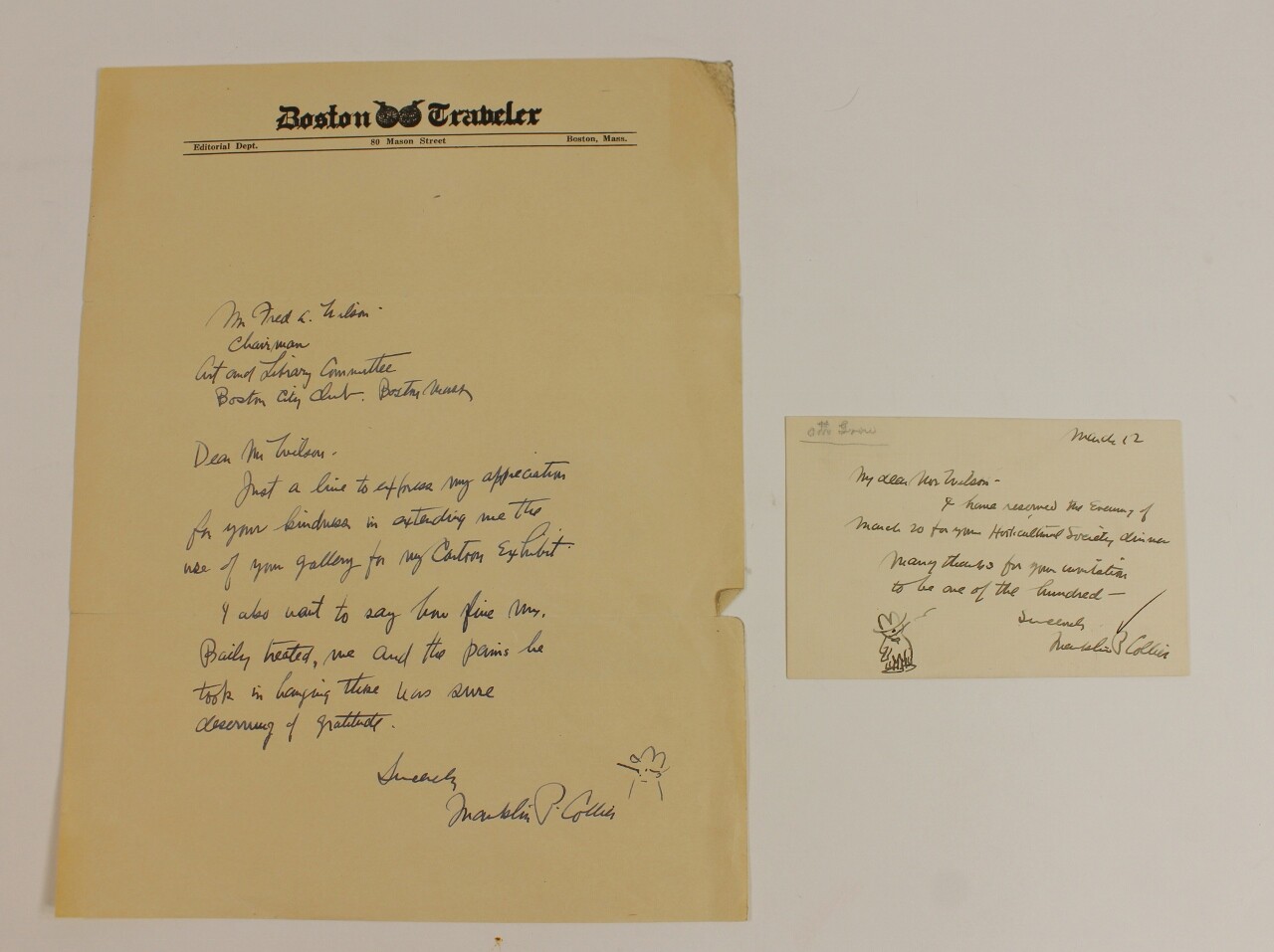 VTG Franklin P Collier Boston Traveler Cartoon Cartoonist Letter Signed Original