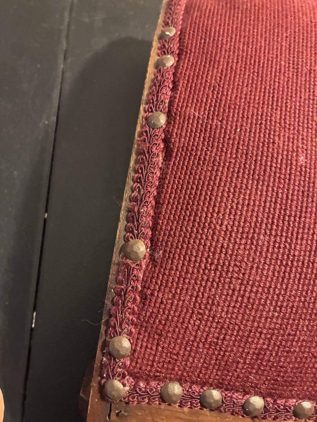 19th C. Antique Victorian Stud Accents Footstool Floral Needlepoint Carved Wood