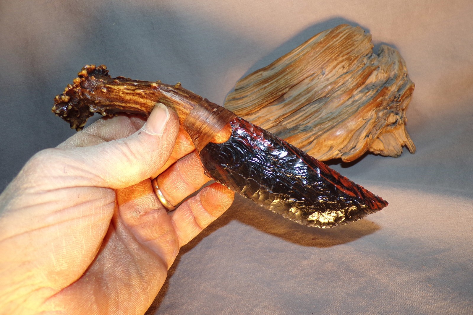 Small Triple Flow Obsidian Cody Knife Flint Knapping Black Powder Antler Handle