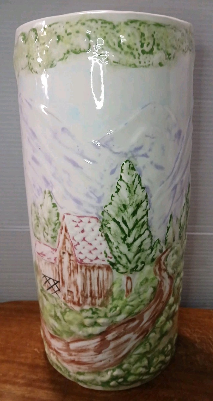 VTG Brown Owl Reversible Barn Scene Umbrella Stand Cane Stick Holder 70s READ