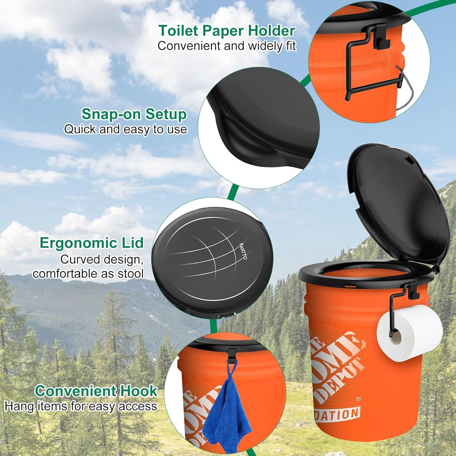 Portable Toilet Seat for 5 Gal Buckets, Camping Toilet Seat with Lid for Outdoor