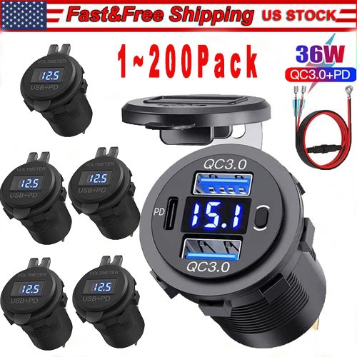 12V-24V PD+QC3.0 Dual USB Car Fast Charger Power Socket Outlet LED Voltmeter Lot