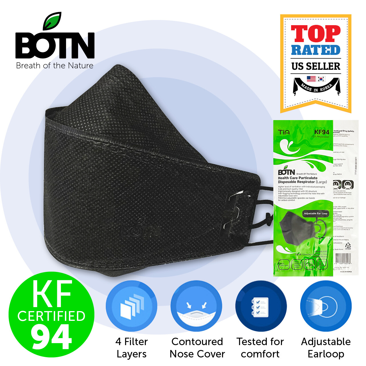 10 Pcs BOTN KF94 BLACK Protective Face Mask Adult Made in Korea KFDA Approved