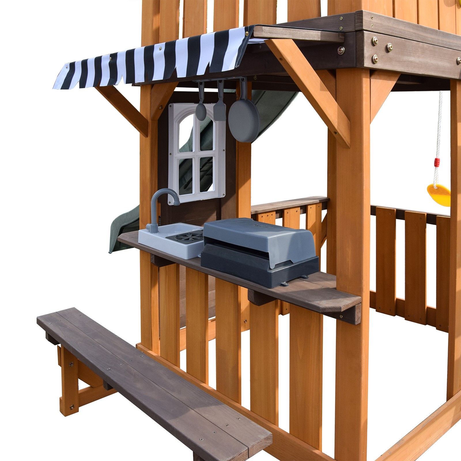 Large Wooden Kids Swing Slide Set Playhouse Kitchen,Rock Wall Outdoor Playground