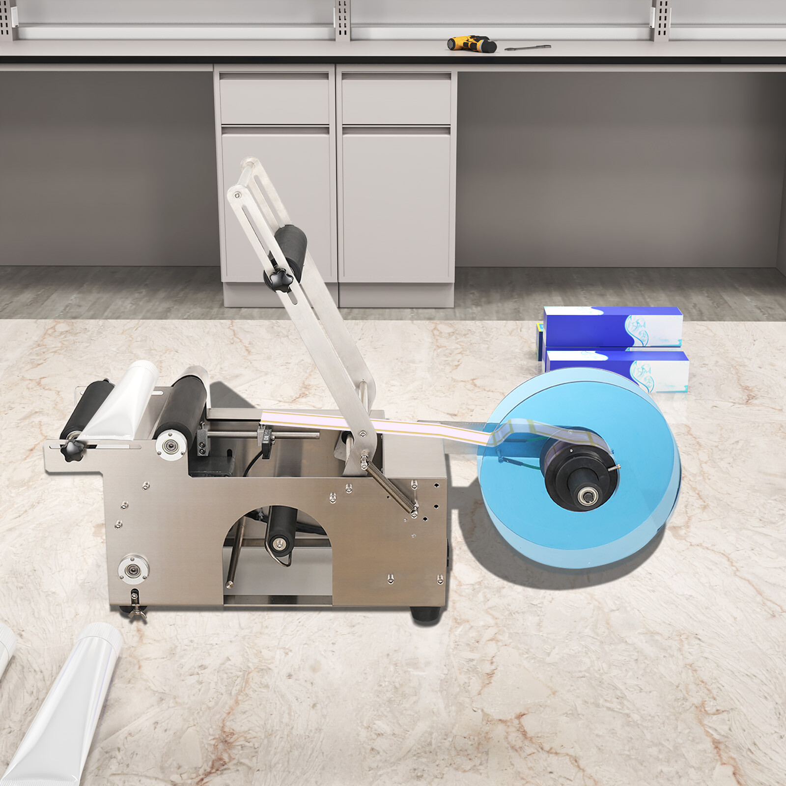 Semi-Automatic Round Bottle Labeling Machine, φ0.6-4.7" Adjustable Labeler