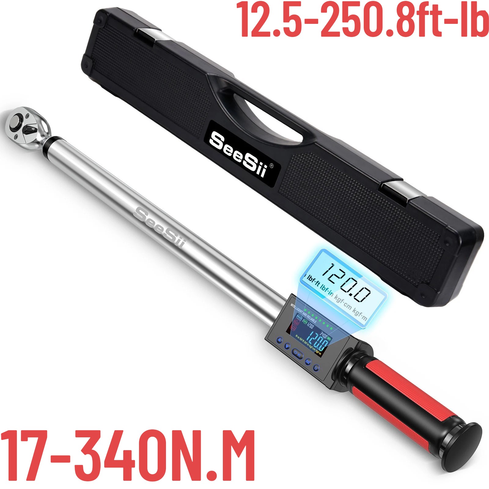 1/2" Drive LED Electric Digital Torque Wrench 12.5-250 Ft.Lb w/ Buzzer 17-340N.m
