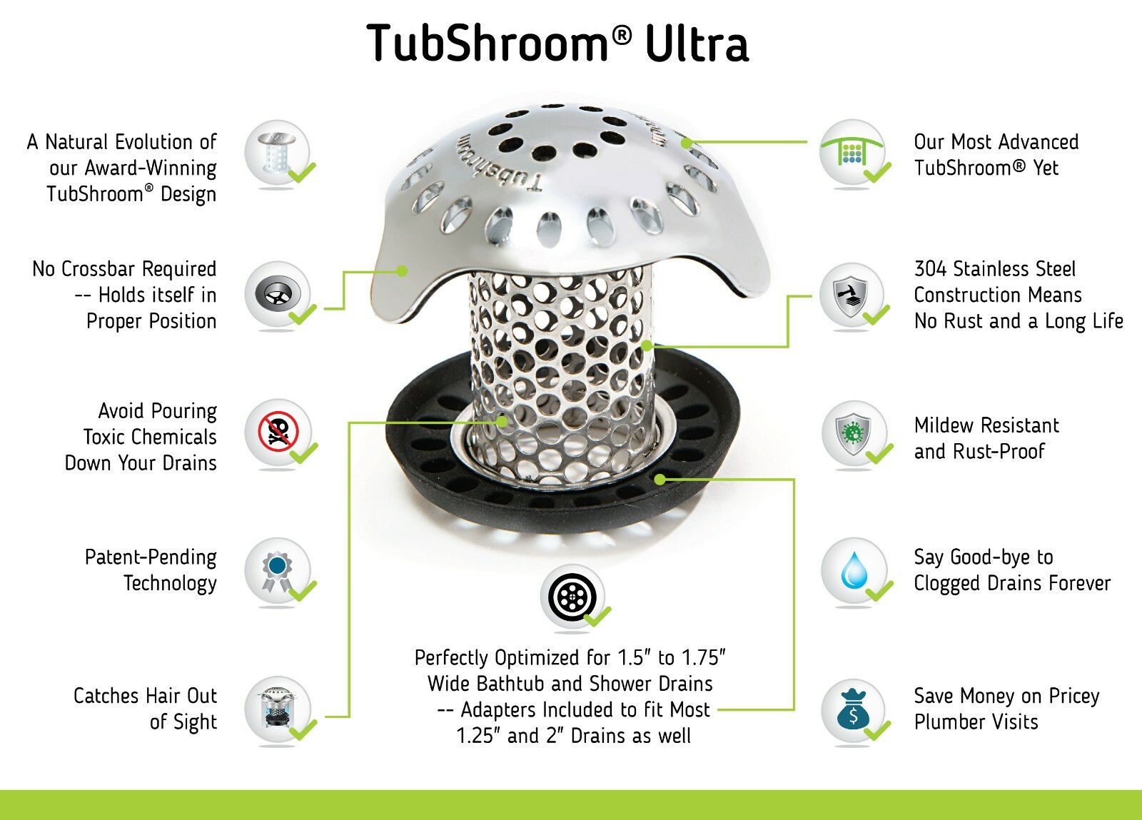 TubShroom® Ultra Drain Protector Hair Catcher Strainer in Stainless Steel (New!)