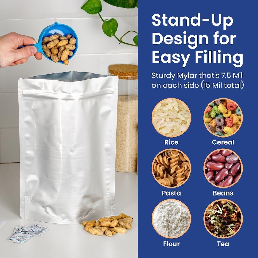 30ct 1-Gallon Mylar Bags 400cc Oxygen Absorbers 15Mil Thick Zipper | Silver