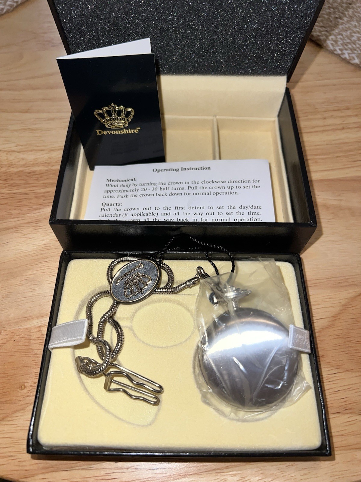 Devonshire 17 Jewel Mechanical Pocket Watch Skeleton Dial New in Box w/ Chain