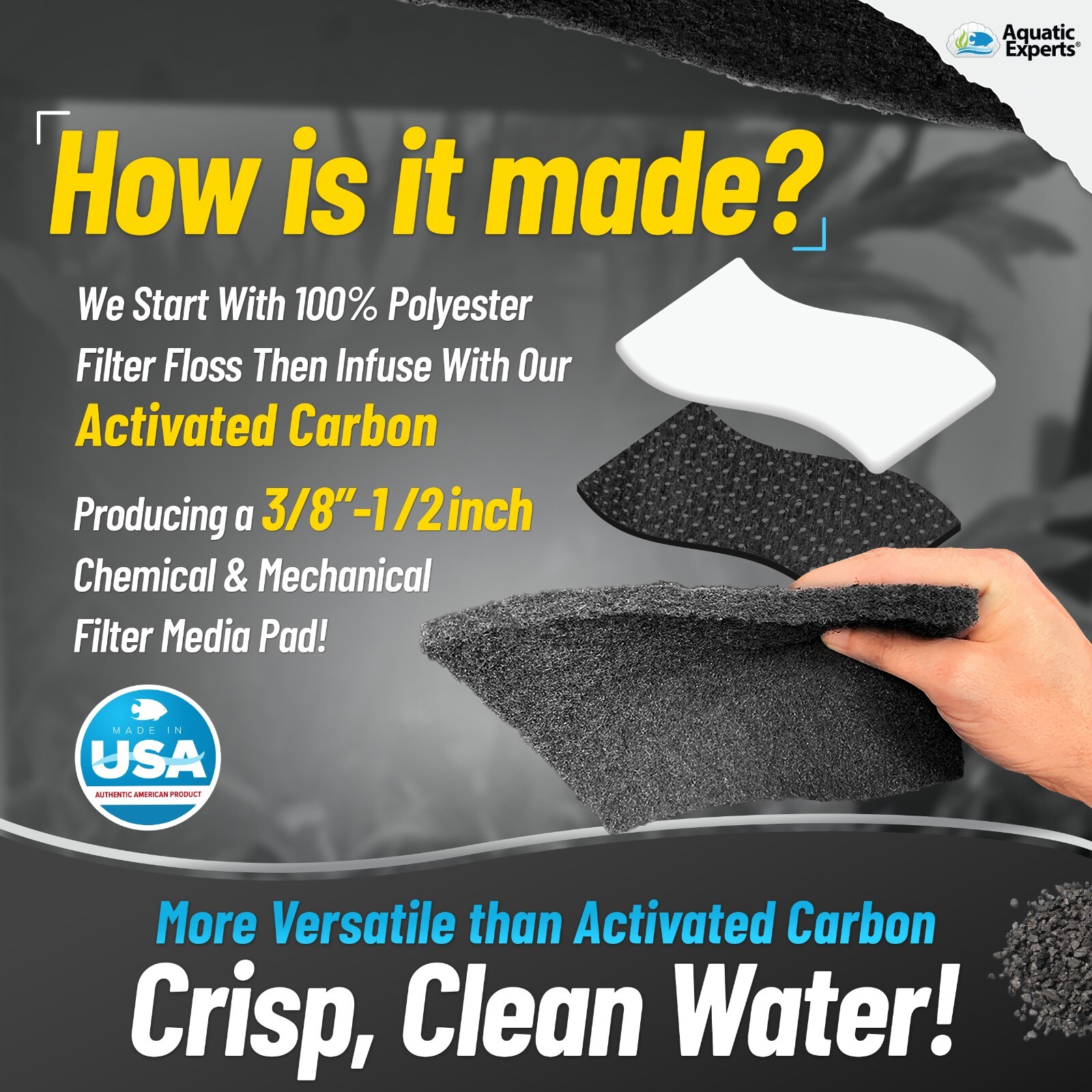Carbon Infused Filter Pad Media for Crystal Clear Aquarium Tank - 3\8"-1/2"Thick