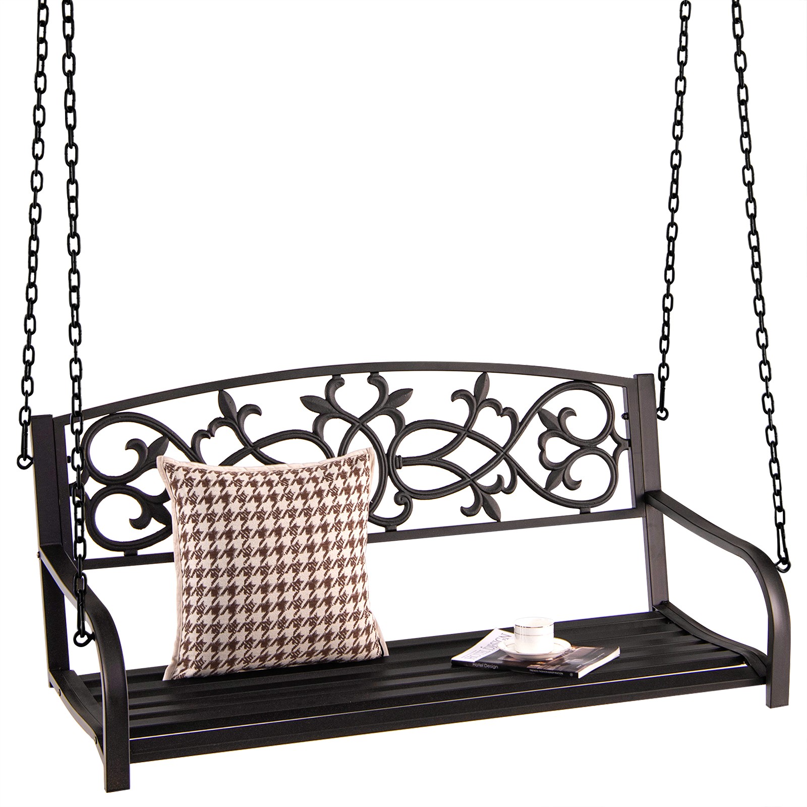 2-Person Metal Outdoor Porch Swing Hanging Patio Bench 485 Lbs Capacity Brown