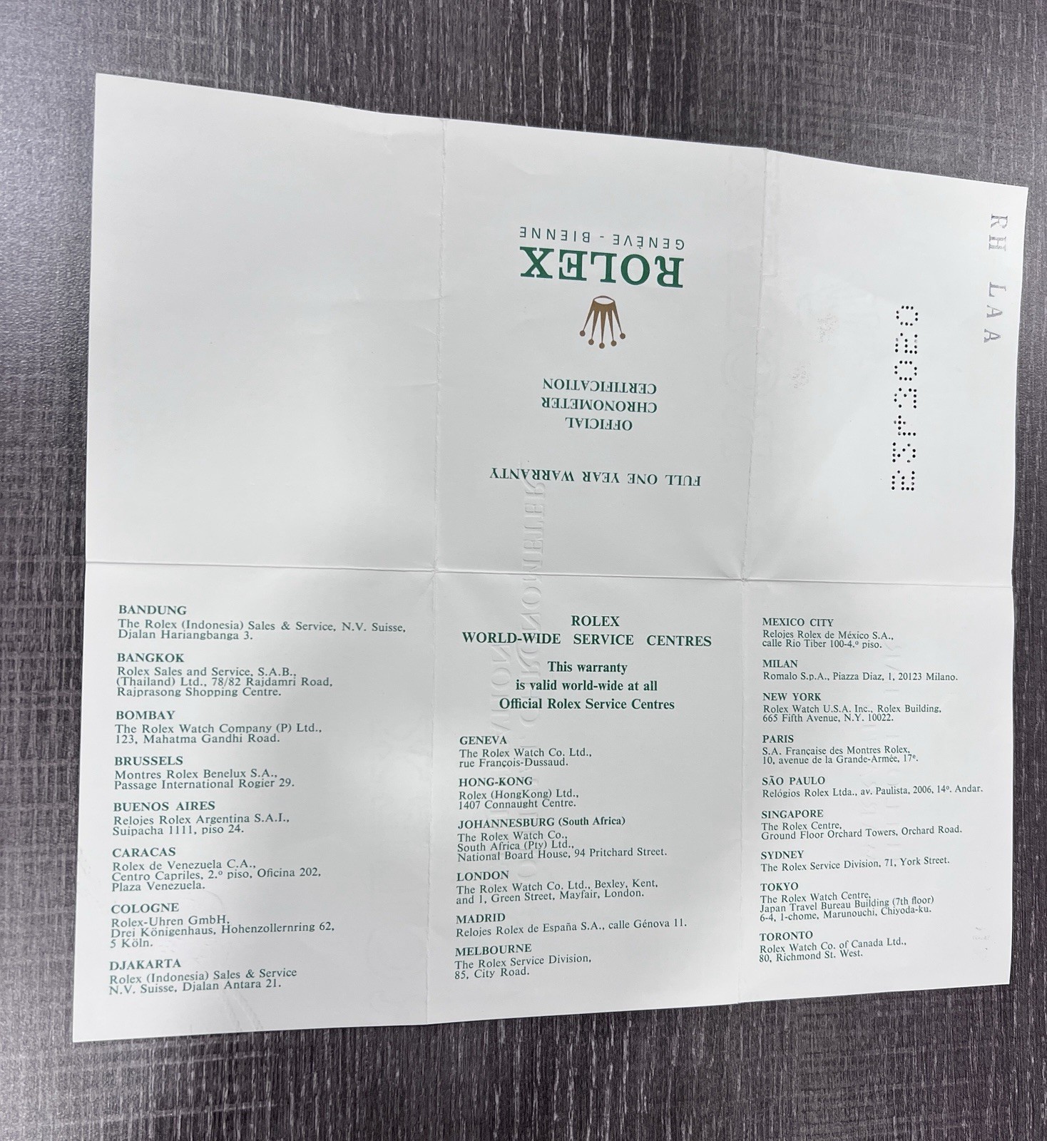 Rolex Official Watermark Certification Guarantee Blank 570.03.300 Warranty 1970s