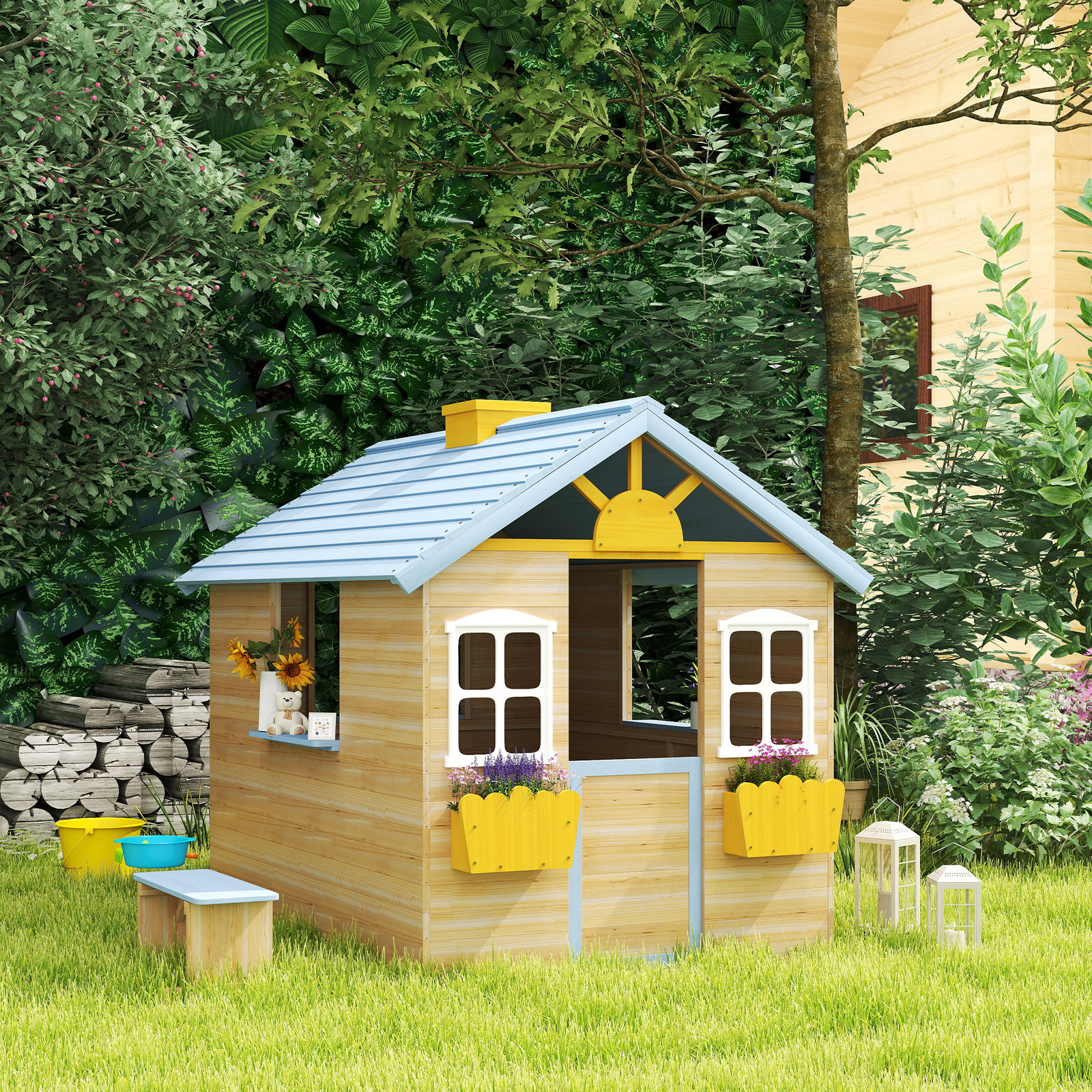 44.5" Wooden Playhouse for Kids Outdoor Garden Pretend Play Games