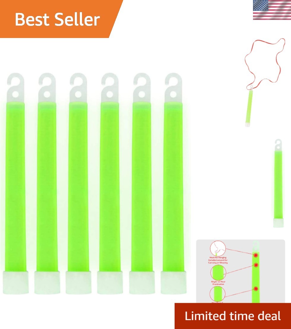 Green Glow Sticks - 6” Snap & Light Sticks, 12 Hour Brightness, 6 Pack