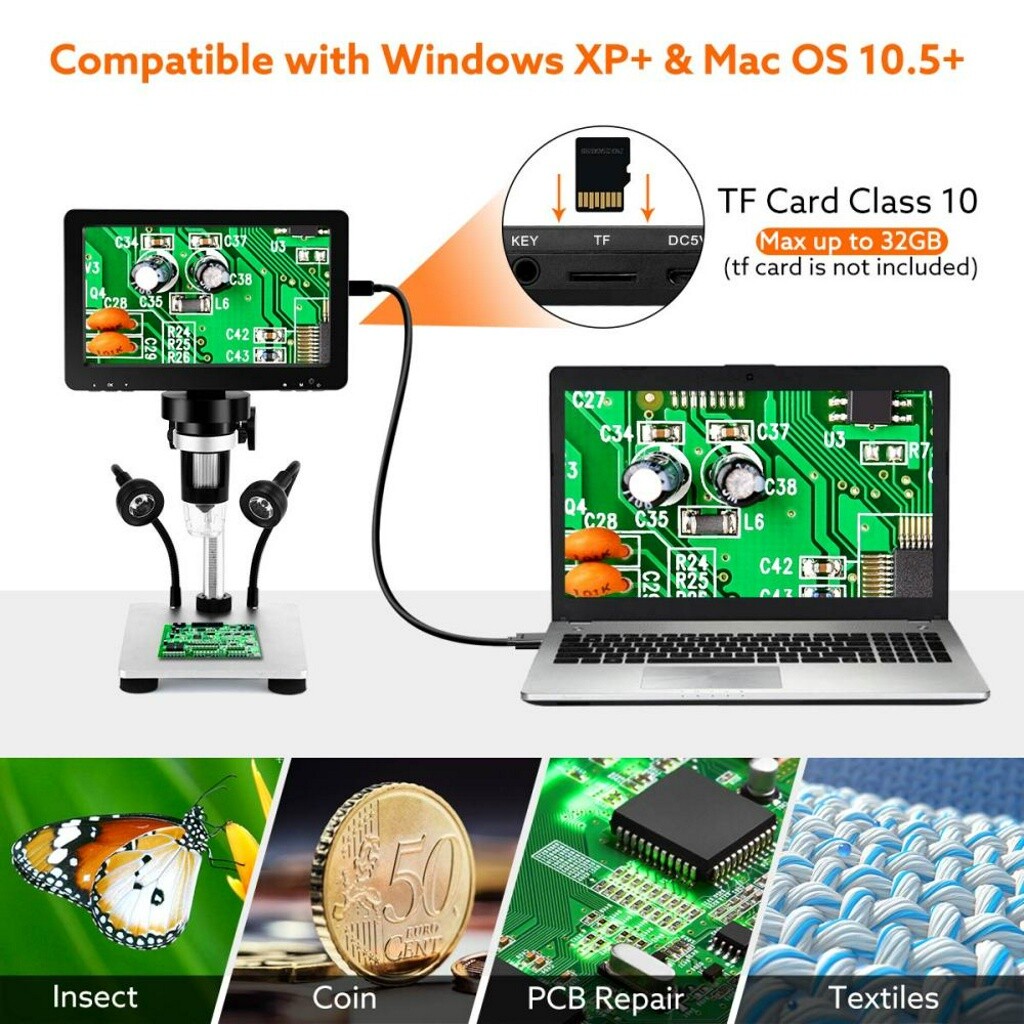 TOMLOV 7" Lcd Digital Microscope 1200x Coin Magnifier 1080p Video Camera 12MP