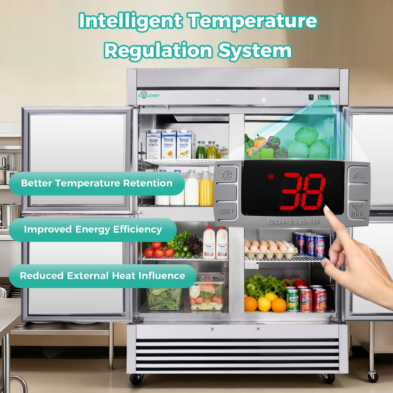 54" Commercial Refrigerator 49 Cu.Ft 4-Door 32–37℉ Air Cooling 6 Shelves, R290