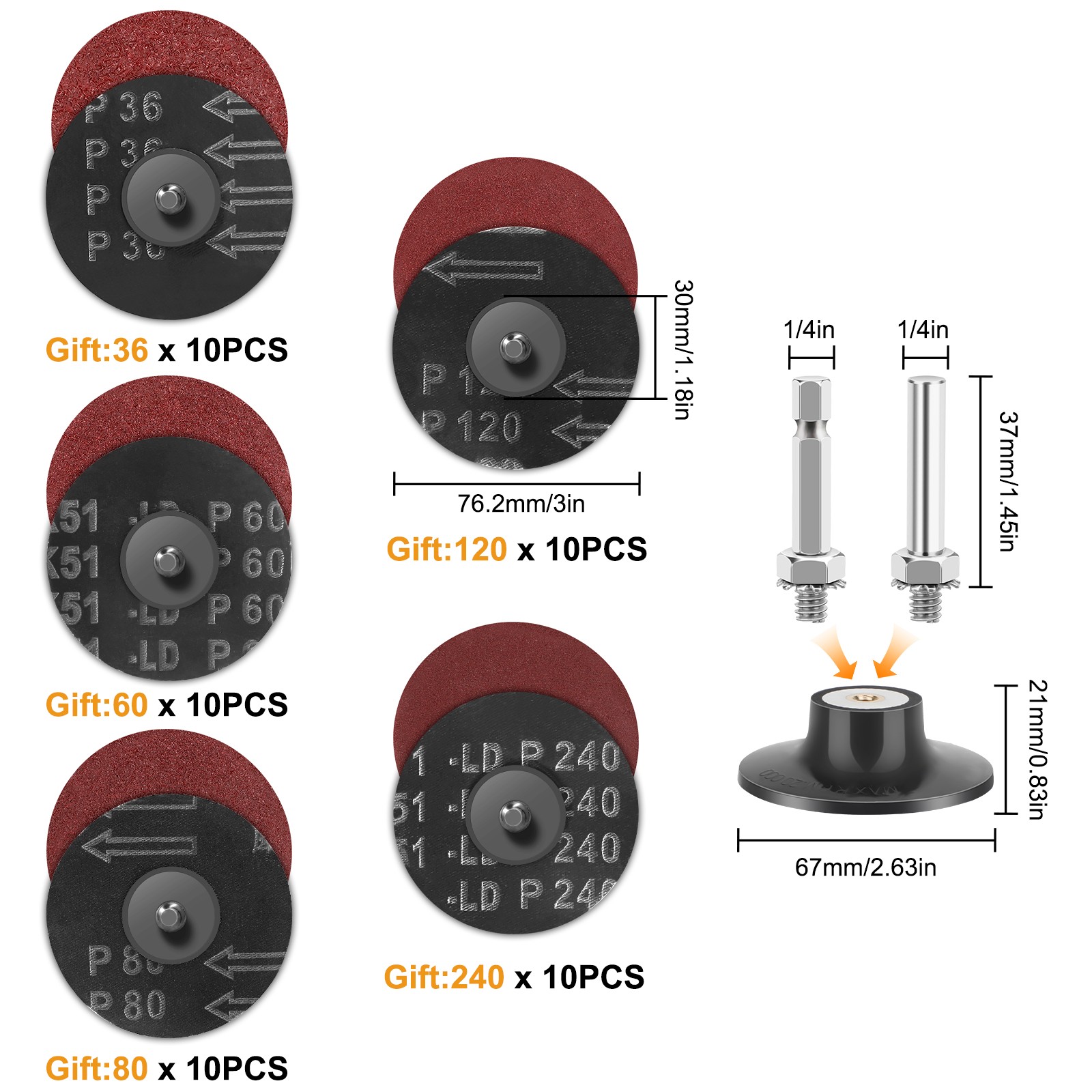53x 3" Sanding Disc Roll Lock Quick Change Disc 36/60/80/120/240 Grit 1/4" Shank