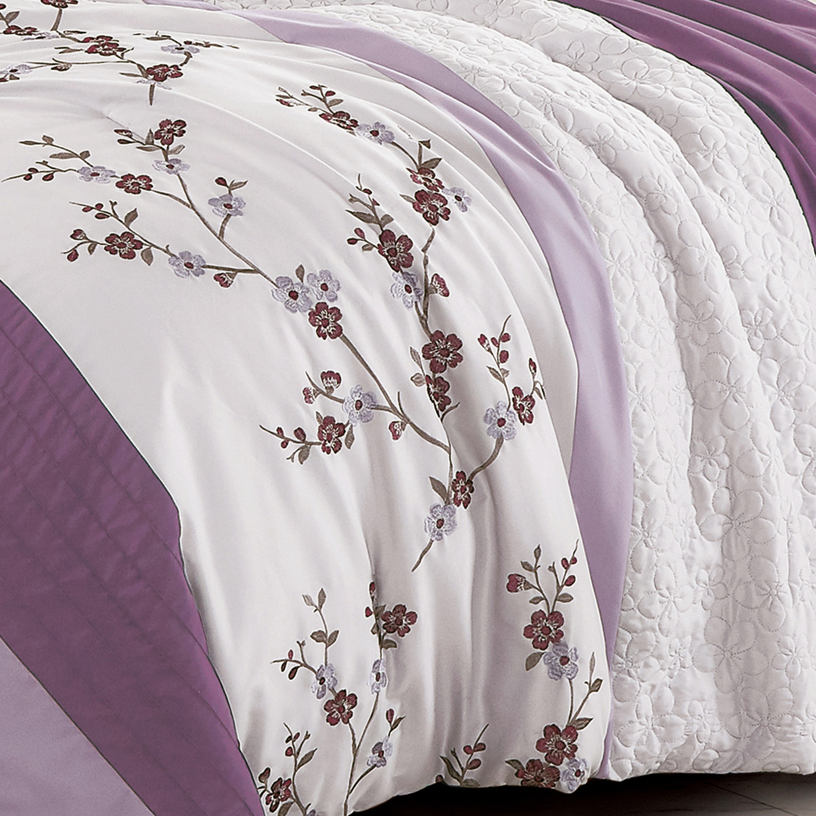 Chezmoi Collection 7-Piece Bed in a Bag Cherry Blossom Embroidery Comforter Set