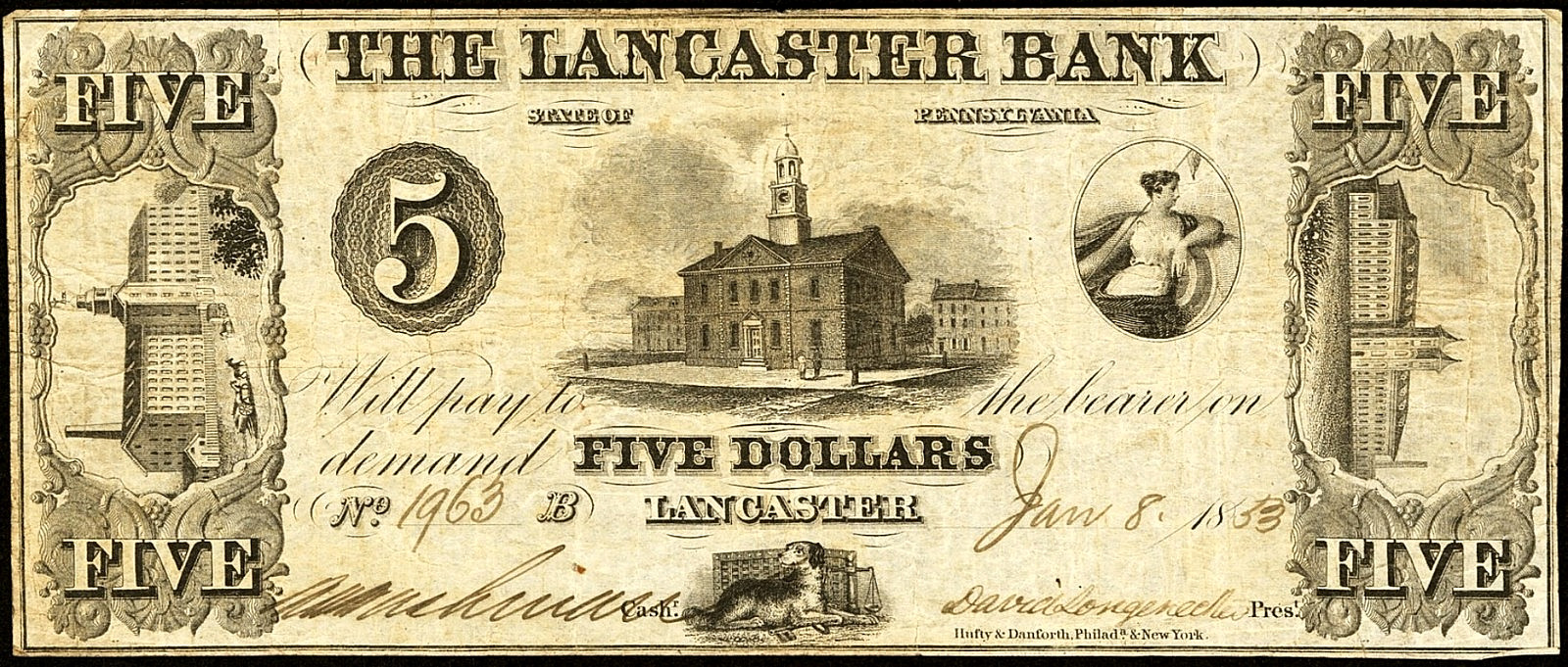 PA $5 The LANCASTER Bank Pennsylvania Jan. 8, 1853 Haxby PA-210 G28
