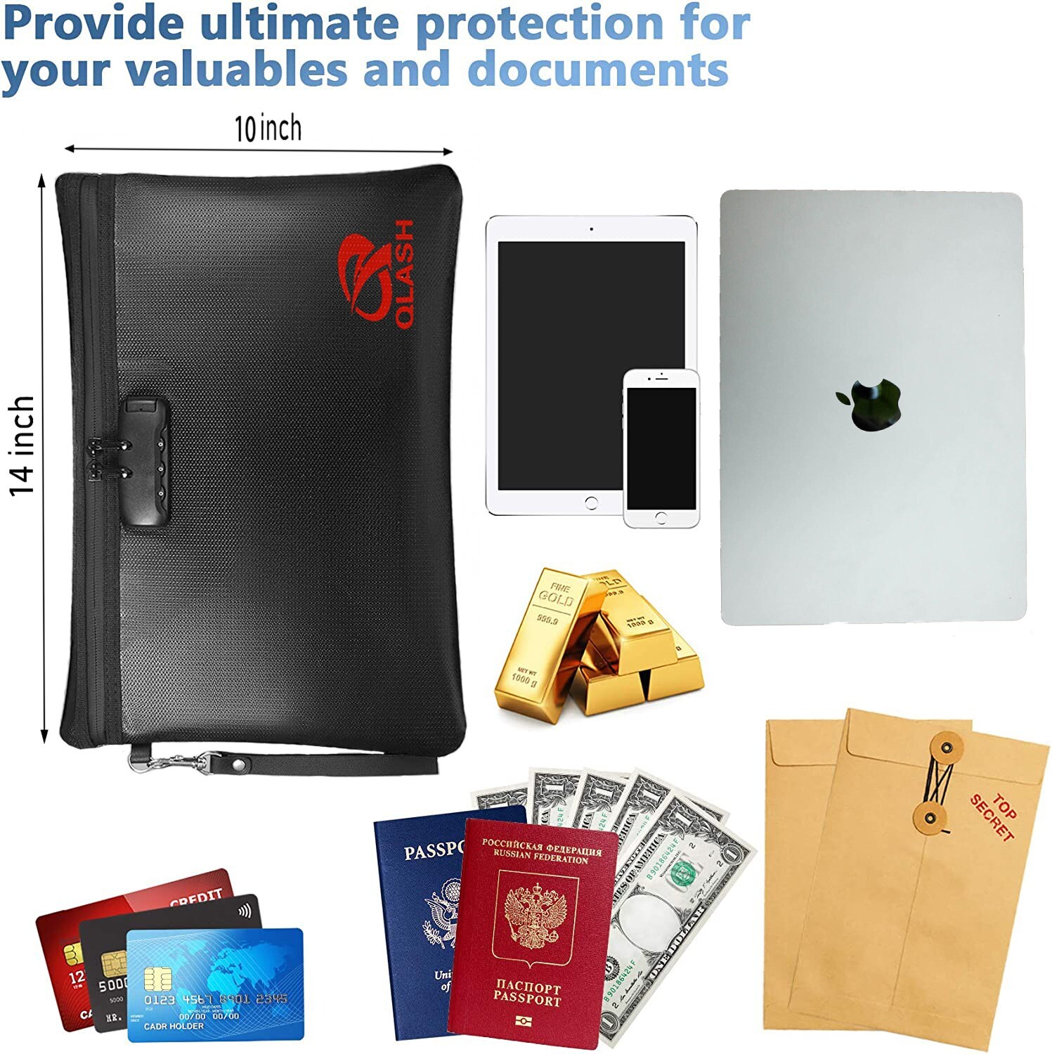 FireProof Document Bag with Lock, 14x10" Large Money Pouch for Cash A4 Paper