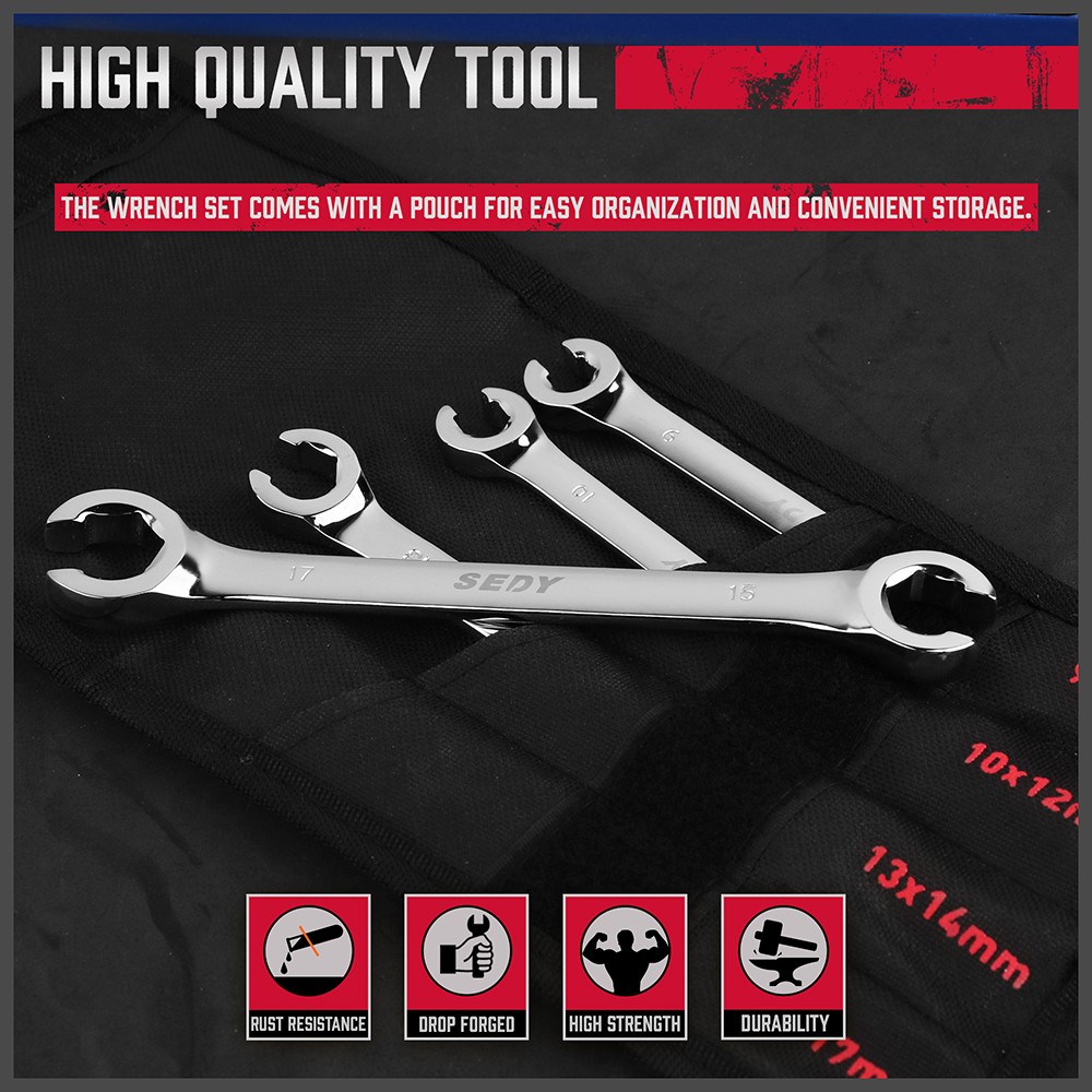 8Pcs Flare Nut Wrench Set Offset End Spanner Metric SAE Portable Organizer Pouch