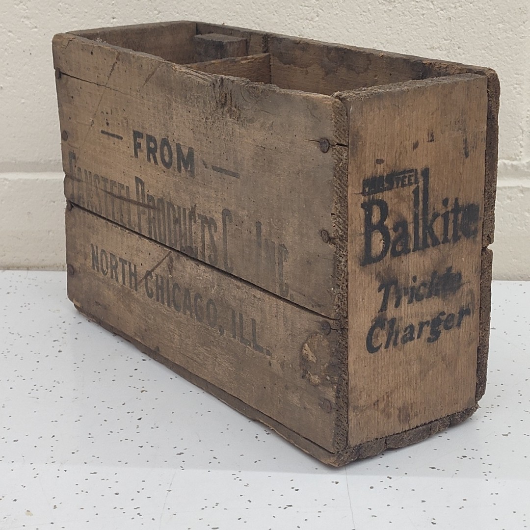 Balkite Trickle Charger Wood Box/Crate - Fansteel Products Chicago Automobilia