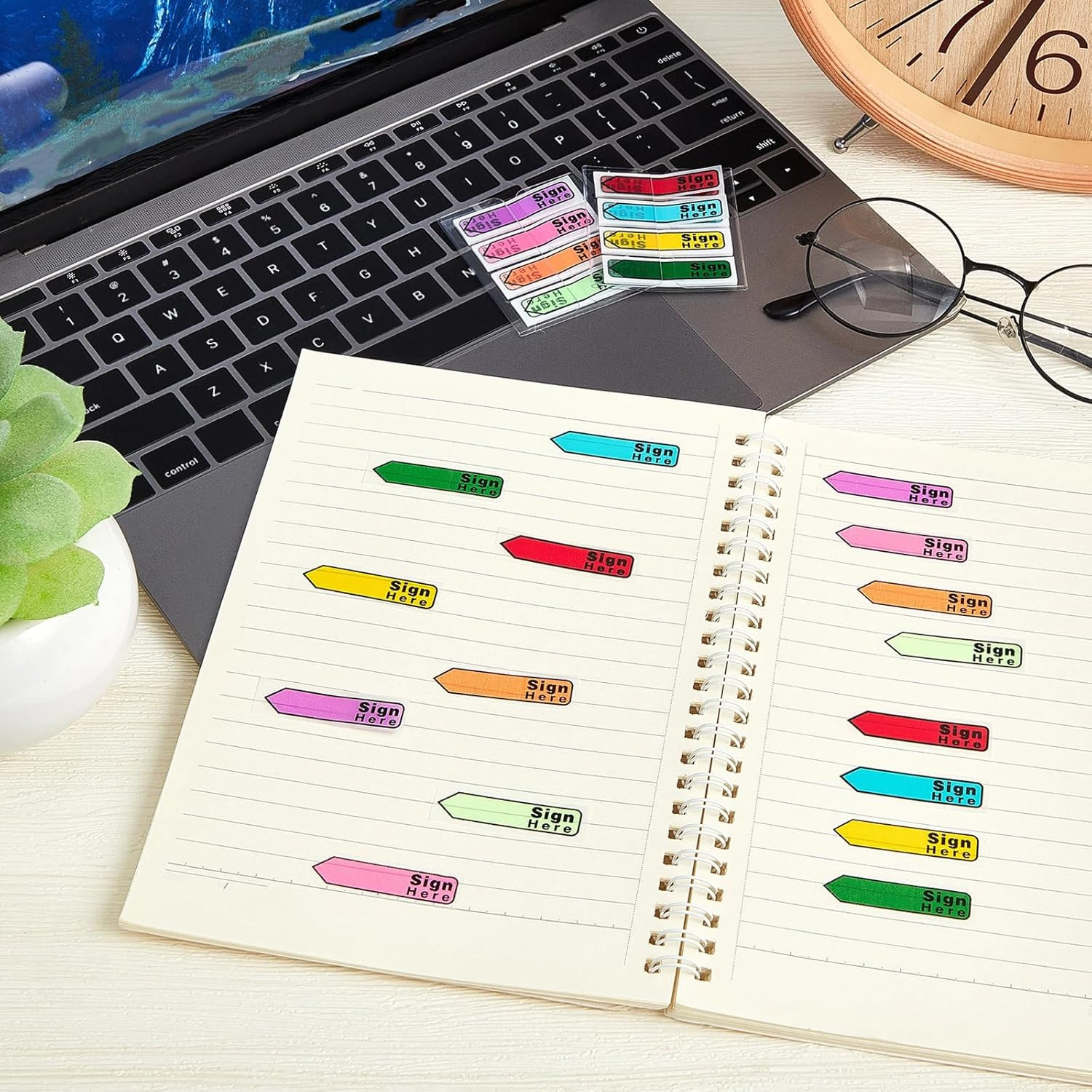 Colored Sign Here Tabs - 600 Self-Stick Flag Stickers with Dispenser