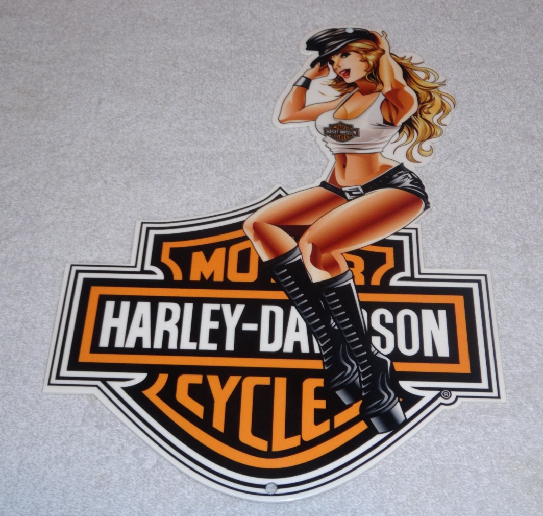 VINTAGE HARLEY DAVIDSON MOTORCYCLE WOMAN 👩 12" MOTOR CYCLE GASOLINE & OIL SIGN