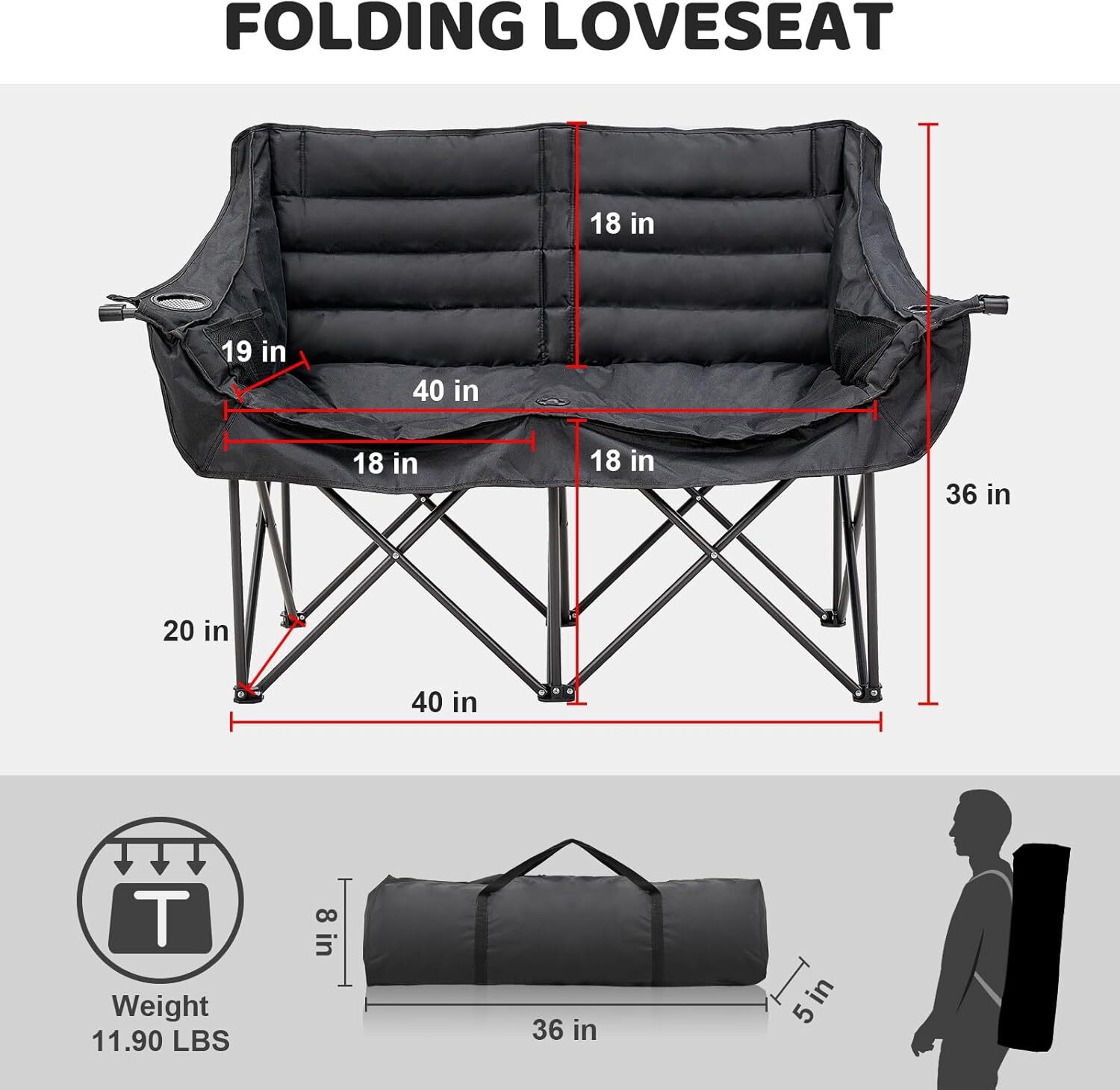 H&ZT Double Camping Chair, Fully Padded Folding Camping Loveseat Duo Chair 600lb