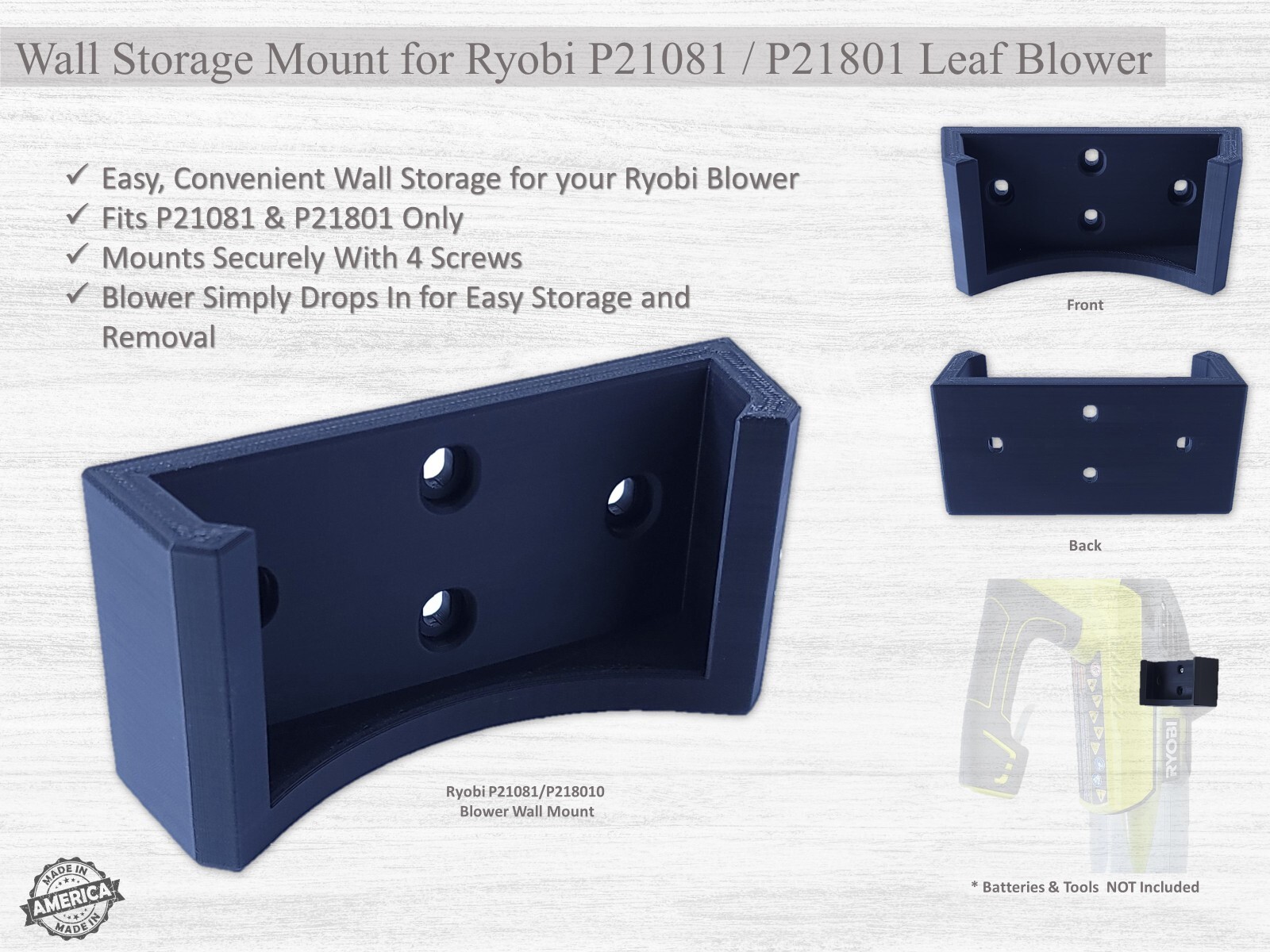 Wall Storage Mount for Ryobi P21081 & P21801 Leaf Blowers