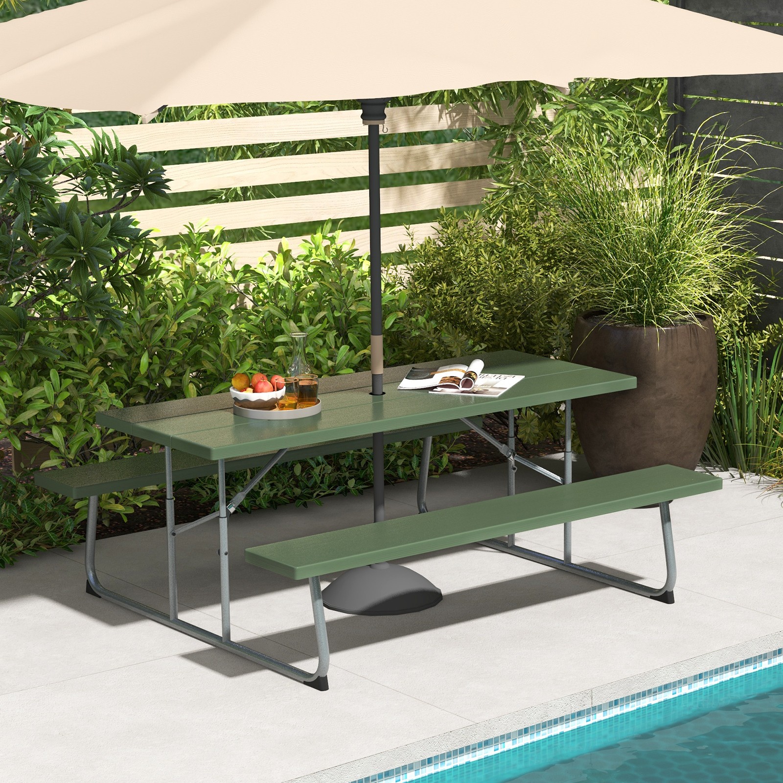 Folding Picnic Table w/ 2 Benches All Weather Wood-like Tabletop Umbrella Hole