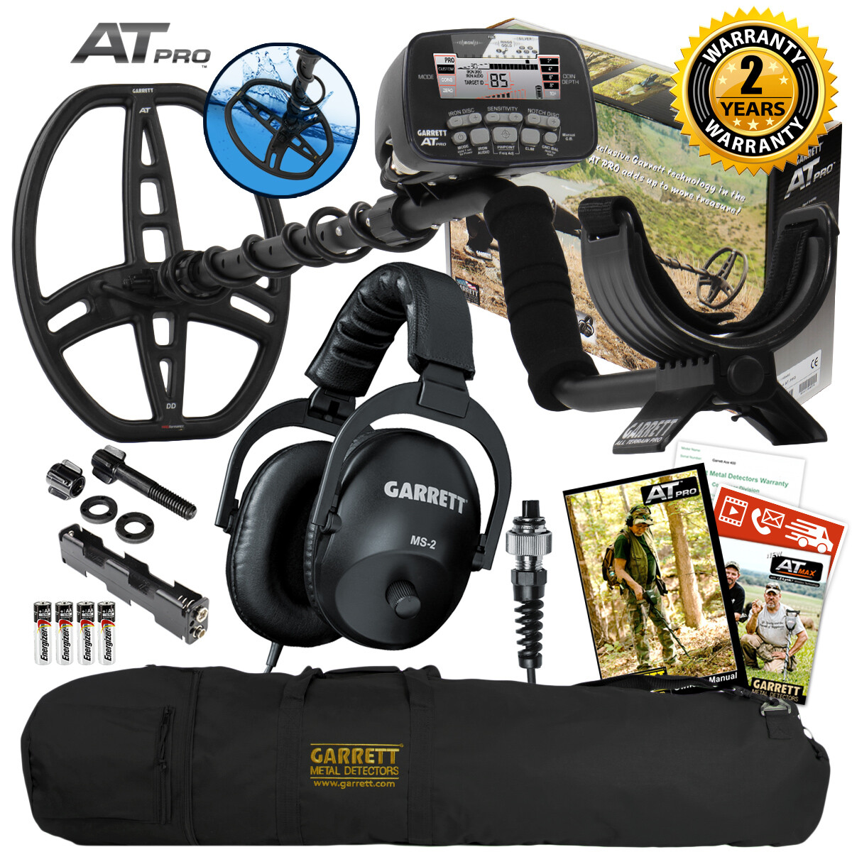 Garrett AT Pro Underwater Waterproof Metal Detector, MS-2 Headphones, Carry Bag
