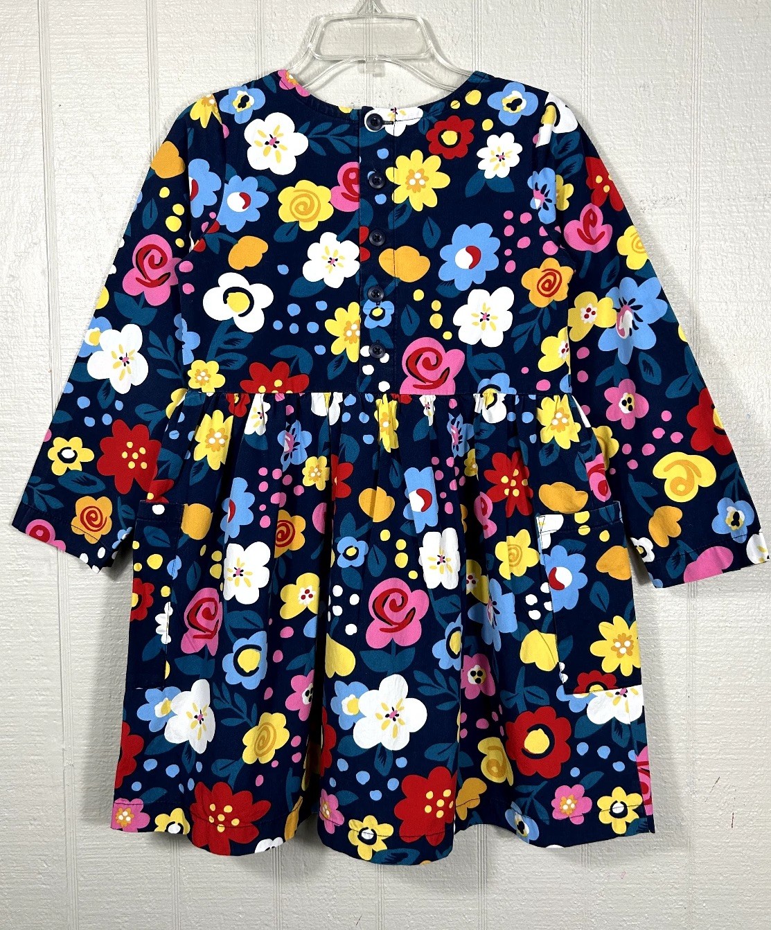 Hanna Andersson Flower Poplin Dress Girls 8 130cm Navy NWOT Long Sleeve Pockets