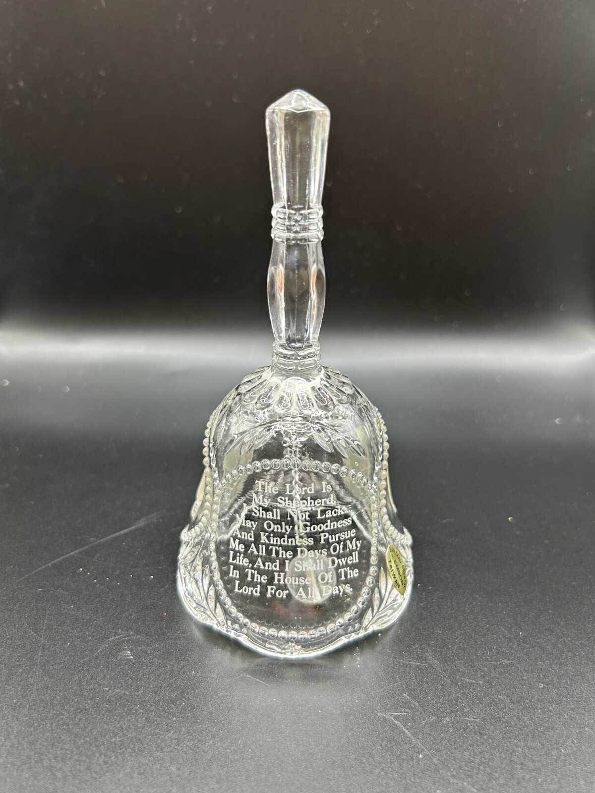 VINTAGE GLASS BELL THE LORDS PRAYER PRAYING HANDS ETCHED ON CRYSTAL EMSON TAIWAN