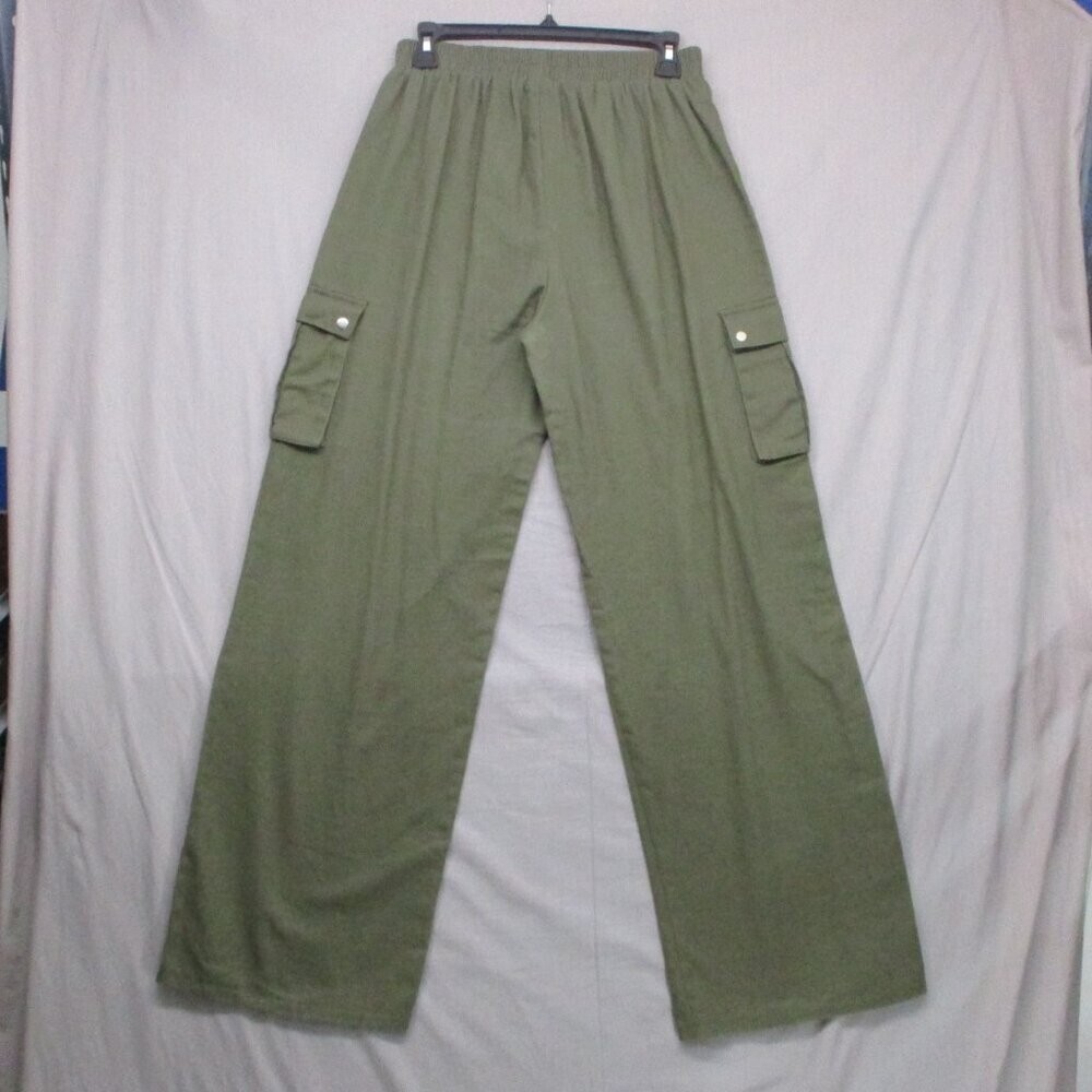 100% Cotton Cargo Pocket Baggy Loose Fit Wide Leg Pants Green Women Size | 6