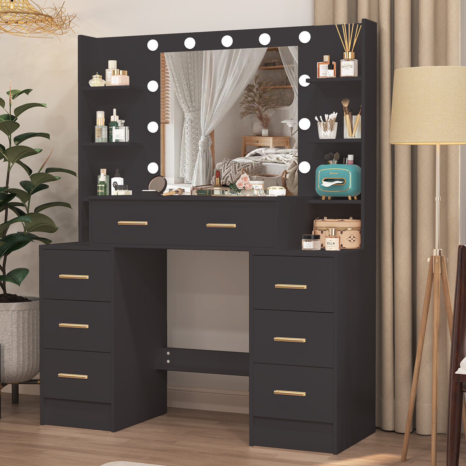 Vanity with Large Mirror and LED Lights Makeup Vanity Desk with 7 Drawers,Black