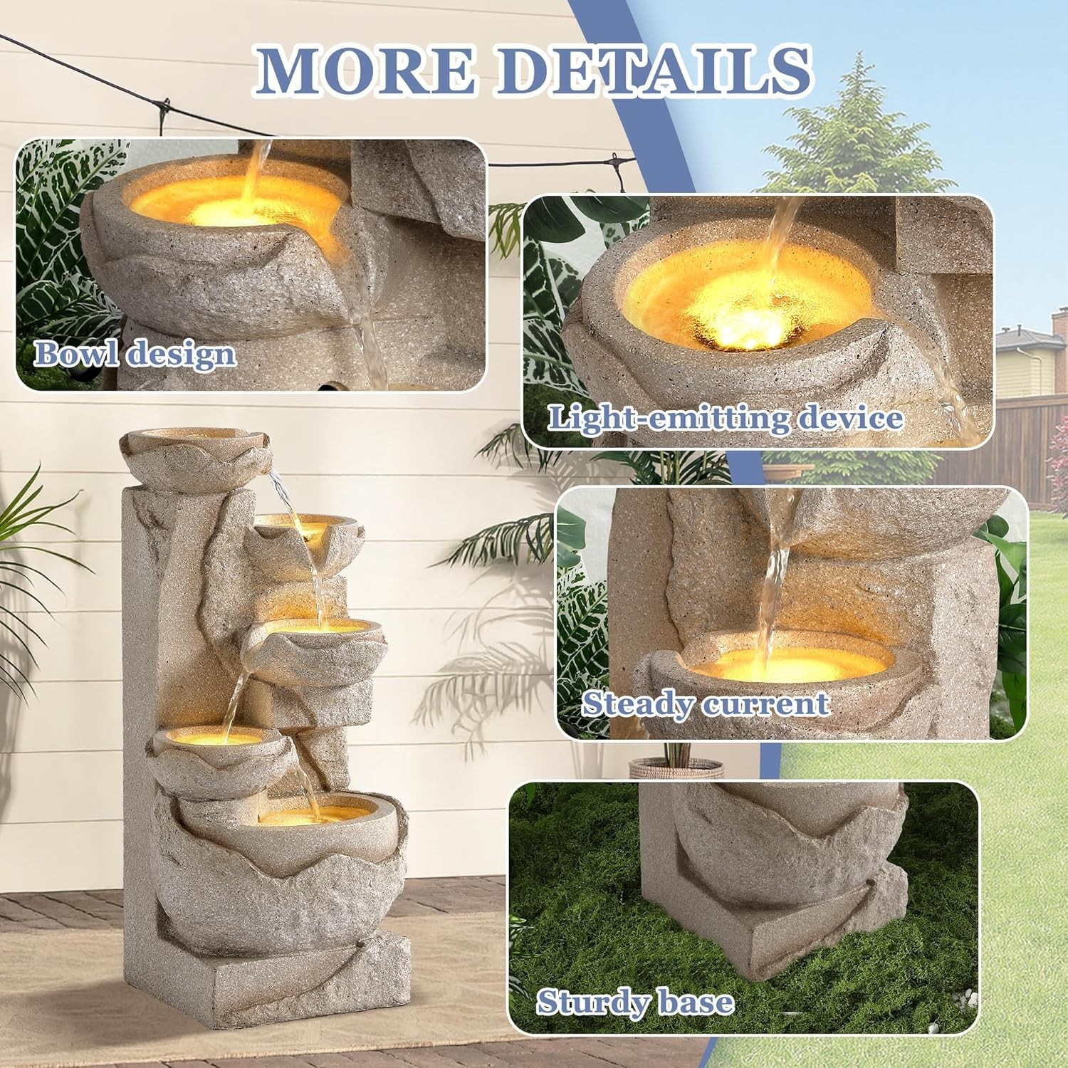 Outdoor 5-Tiers Cascading Rock Water Fountain, Waterfall Fountain with 5 LED