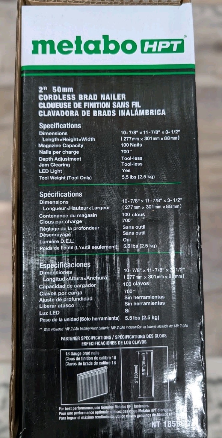 Metabo HPT 18V Cordless 18-Gauge Brad Nailer Kit Batt+Charge, Brushless NT1850DG